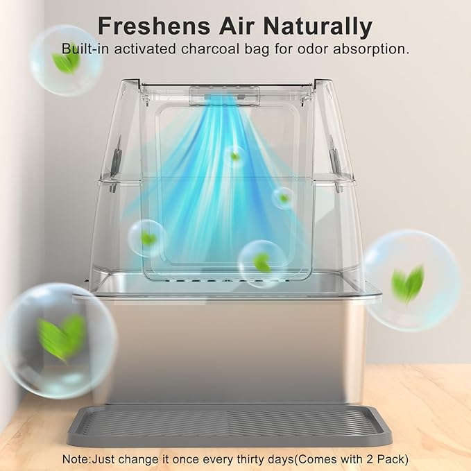 Enclosed Stainless Steel Cat Litter Box with Lid, FILP-Top High Sided Enclosure Metal Litter Boxes with Scoop Set for Big Cats, Non-Sticky, Anti-Leakage, Easy Cleaning,Transparent Grey