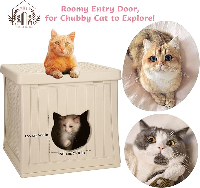 Heavy Duty Cat House Waterproof, Hidden Cat Litter Box Enclosure with Flip Lid for Easy Cleaning, Extra Thick Insulated Cat House Outdoor, Winter Feral Cat Shelter Weatherproof, Oakmilk