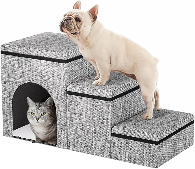 Dog Stairs with Storage, 3-Step Wider Dog Steps with Condo for Dogs and Cats, Pet Stairs for High Bed Climbing, Grey