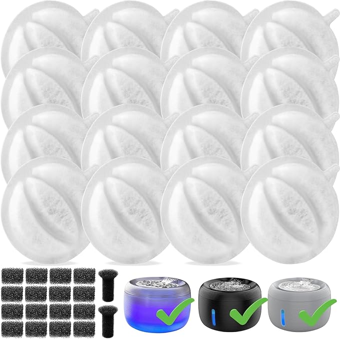 SIBAYS Cat Water Fountain Filters, Pet Water Fountain Filter Replacement for 3.5L/118oz Pet Fountain, Made of Activated Carbon and PP Cotton, 16 Filters, 16 Pump Sponges, 2 Muffler Sponges(Model: L04)