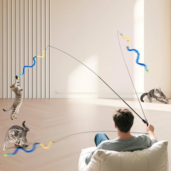 Cat Wand Toy, 9Pcs Retractable Plush Srtip Cat Teaser Wand Toys with Bell & String, Long Interactive Wand Toys for Indoor Kitten, Exercise