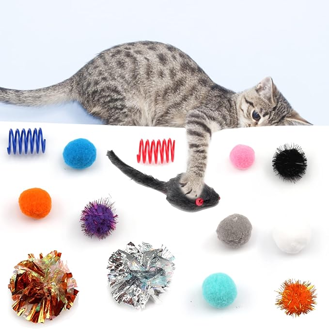 60 Pack Cat Toys - Assorted Kitten, Mouse, Crinkle & Pom Pom Balls