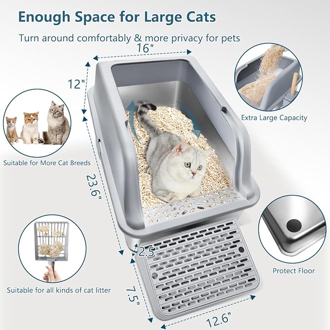 2 Pack XL Large Enclosed Jumbo Stainless Steel Cat Litter Box,Kitty Metal Litter Box with Lid Footboard Litter Scoop Non-Sticky Never Absorbs Odors High Sided for Big Cats