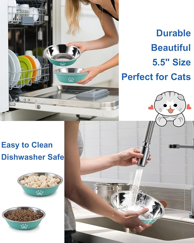 6 PCS Stainless Steel Cat Bowls, Non-Slip Stainless Cats Food Bowl Metal Cat Dishes Whisker Fatigue Kitten Plates Shallow Wide Kitten Bowls, 5.5” Whisker Friendly Food Dish (Bright Green)