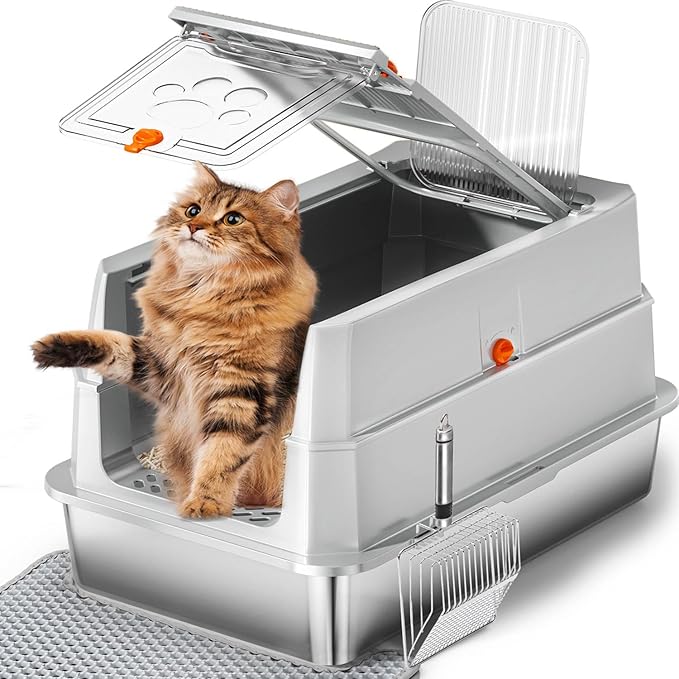 Stainless Steel Litter Box with lid,165° Flip-Top Large Enclosed Cat Litter Box with Metal Litter Scoop & Cat Litter Mat.Non-Sticky, Non-Odor, Easy Cleaning-Light Gray