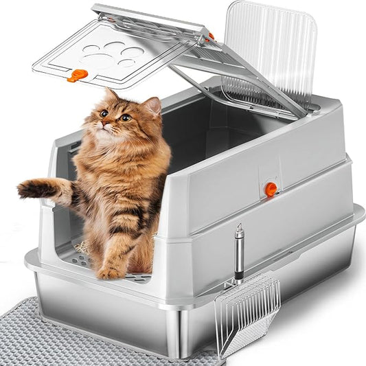 Stainless Steel Litter Box with lid,165° Flip-Top Large Enclosed Cat Litter Box with Metal Litter Scoop & Cat Litter Mat.Non-Sticky, Non-Odor, Easy Cleaning-Light Gray