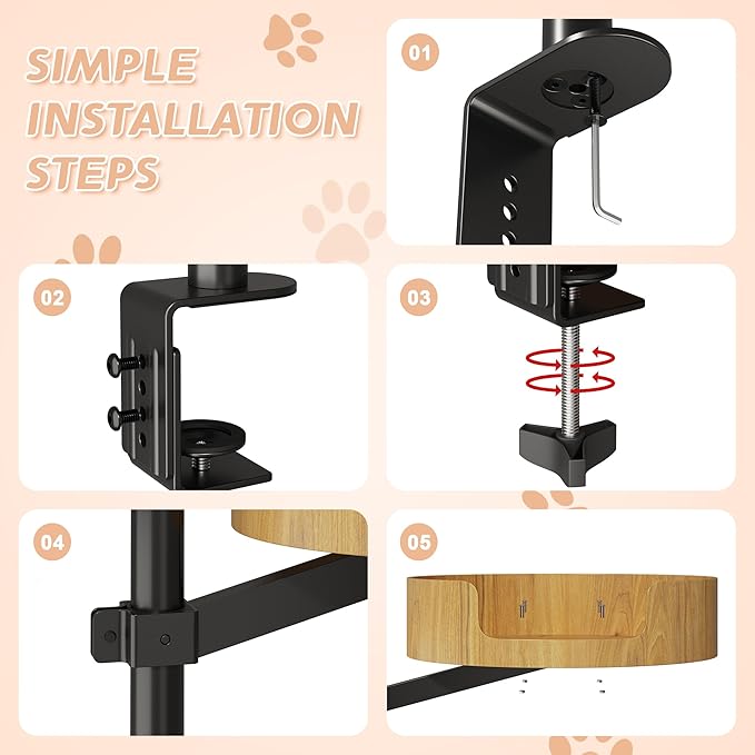 Cat Desk Bed – Cat Bed for Indoor Cats with Adjustable Height&360° Rotation, Elevated Desk Nest Cats Beds for Table, Desktop Cat's Hammock for Small Space, Wooden Cat's Bed Desktop Kitten Furniture