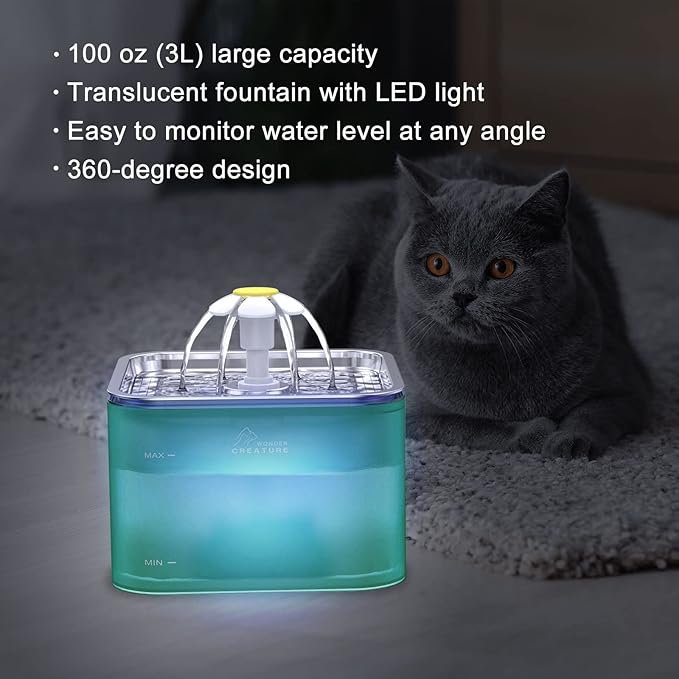 Crystal Cat Water Fountain Stainless Steel with 4 Filters and 4 Sponges, 101oz/3L Pet Fountain with LED Light for Cats and Dogs (Green)