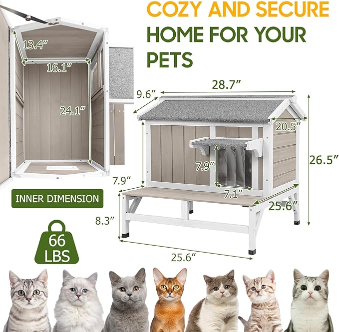 Cat Houses for Outdoor Cats with Balcony Weatherproof Outside Feral Cat Shelter, Wooden Pet House with Raised Base and Openable Asphalt Roof for Cats and Small Animals