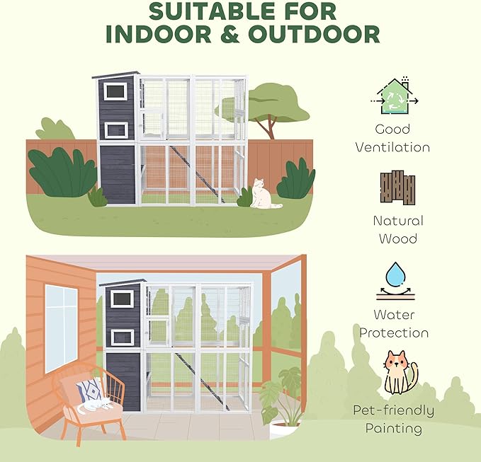 PawHut Catio Outdoor Cat Enclosure, Wooden Cat Patio with Platforms, Waterproof Asphalt Roof, Ramps, 77" L, Light Gray