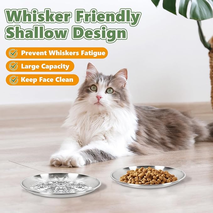 2-Pack Stainless Steel Cat Food Bowls – Shallow Whisker-Friendly Non-Slip Silicone Base,Easy to Clean Indoor Feeding Dishes(6.7")