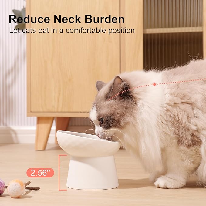 YauYik Small Raised Cat Bowls, Ceramic Tilted Elevated Food or Water Bowls, Stress Free, Backflow Prevention, Dishwasher & Microwave Safe, Lead & Cadmium Free, White