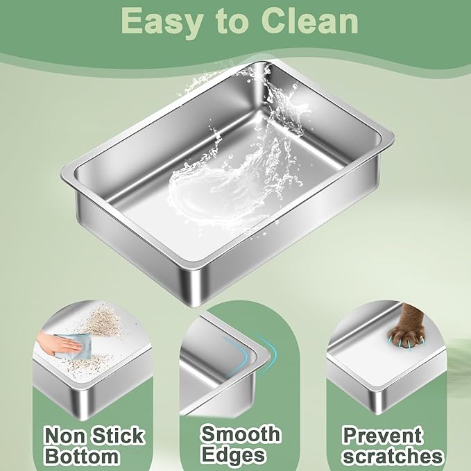 Stainless Steel Cat Litter Box for Kitten, Metal Litter Pan Tray for Rabbits Hamsters, Easy to Clean Cat Toilet Supplies-17.72''Lx 13.78'' W x4'' H