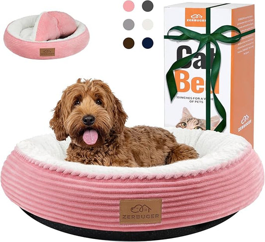 30in Round Dog Bed Sofa for Small/Medium/Large Dogs, Machine Washable Supportive Foam Pet Couch with Washable Removable Mat and Non-Slip Bottom, Pet Cuddler for Indoor/Outdoor/Car/Cage, Pink