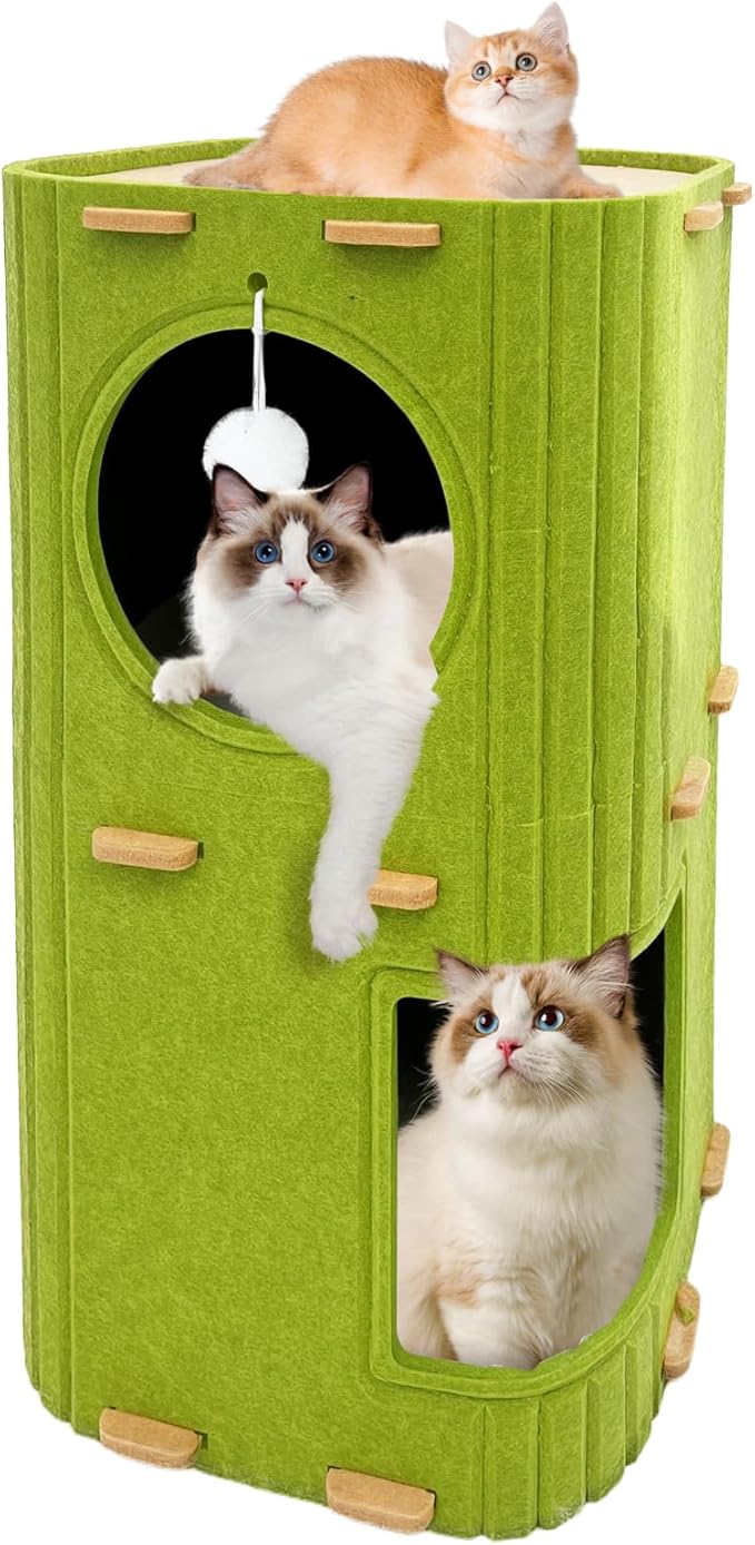 Homegroove Cat House for Indoor Cats, 2-Storey Cozy Felt Cat Bed Cave with Tunnel Hideaway, Large Multi-Cat Condo for Rest & Play (Green, Large)
