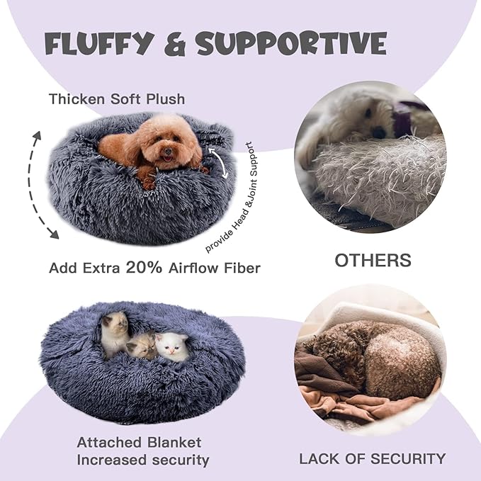 Himax Medium Dog Bed, Round Dog Bed with Blanket Attached, Comfort Fluffy Calming Dogs Beds Washable (20"/26"/35") Deep Grey