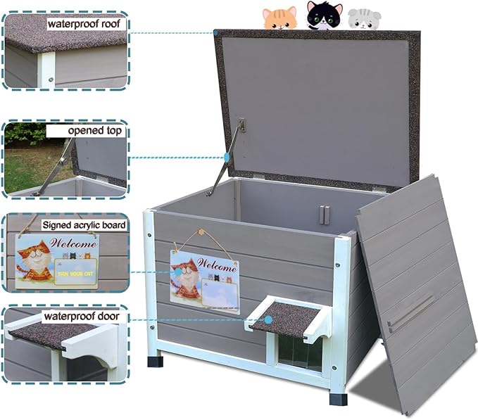 Rockever Outdoor Cat House, 100% Insulated Cat House for Outdoor Cats Weatherproof Feral cat House for All-Round Foam Layers Filling (Insulate Grey-with Mat, L)