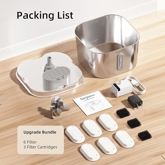 Cat Water Fountain Stainless Steel：74oz/2.2L Water Fountains for Cats Indoor, Cat Fountains for Drinking, Ultra-Quiet, Water Level Window, Pet Water Fountain - 6 Filters + 3 Sponges