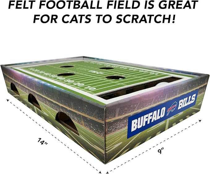 NFL Buffalo Bills Football Stadium Cat Scratcher Find & Play Cat Box. Game Day Cat Toy with 2 Cat Jingle Bell Balls. NFL Football Field Felt Cat Scratcher Play and Lounge Stimulating Cat Game