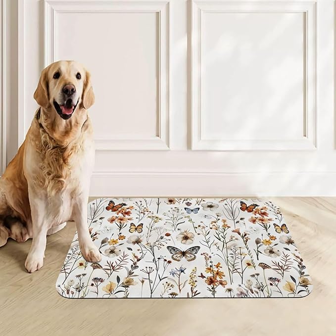 Wildflower Butterfly Dog Food Mat Absorbent Bowl Mats No Stains Quick Dry Waterproof Pet Cat Placemats for Food and Water, 30x45cm