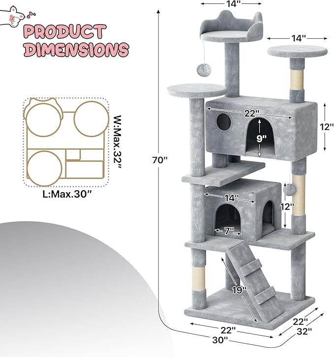 MoNiBloom Cat Tree, 70 Inch Cat Tree Tower with 2 Condo, Tall Cat Tower with Scratching Post, Cat Climbing Tower, Cat Tree for Indoor Cats, Light Grey