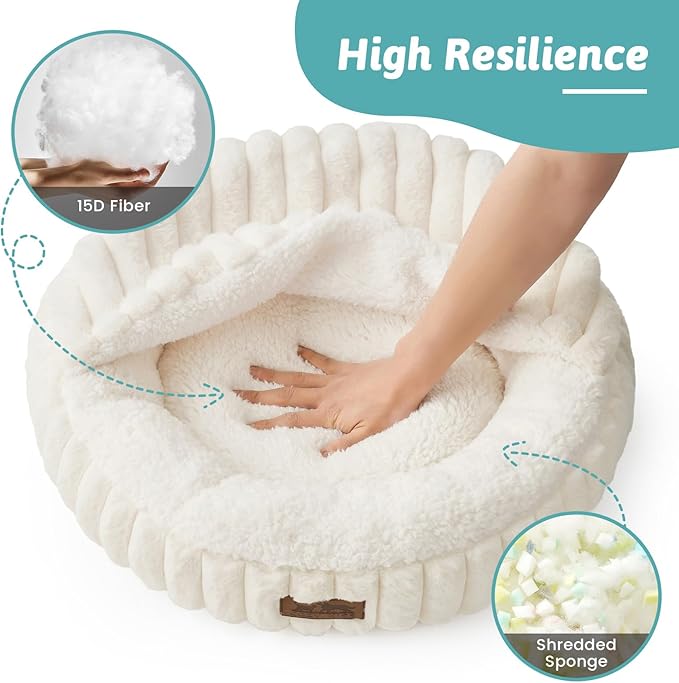 Small Dog Bed with Hooded Blanket, Round Fluffy Anti-Anxiety Pet Bed for Small Dogs & Medium Dogs, Cozy Donut Cuddler with Machine Washable Faux Fur & Anti-Slip Bottom(26"×26"×7",Cream)