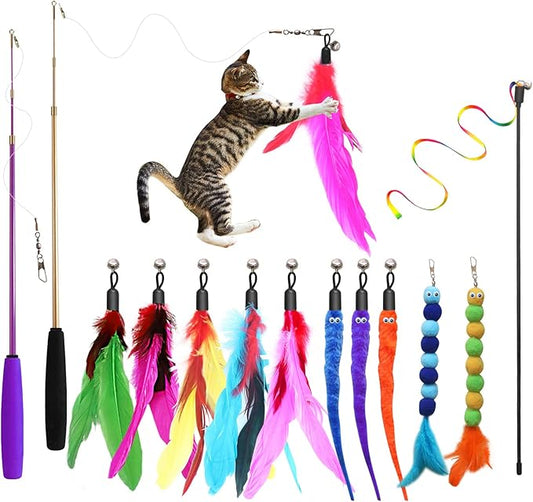 Cat Toys, 2PCS Retractable Feather Toys, 10PCS Replacement Teaser Refill, 1PC Rainbow Ribbon Wand Interactive Kitten Toys for Indoor Cat Make Exercise
