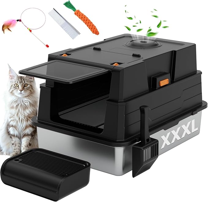 Enclosed Stainless Steel Litter Box XXXL, Extra Large 28" L x 20" W Metal Litter Box Enclosure with Cover and Foot Pedal and Scoop for Big Cats & Multiple Cats with High Sided, Easy Cleaning