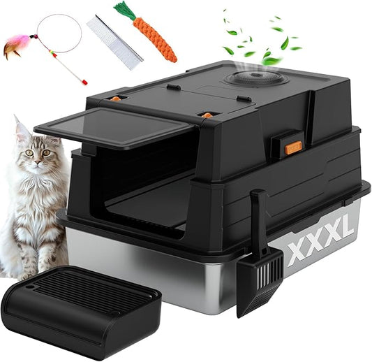 Enclosed Stainless Steel Litter Box XXXL, Extra Large 28" L x 20" W Metal Litter Box Enclosure with Cover and Foot Pedal and Scoop for Big Cats & Multiple Cats with High Sided, Easy Cleaning