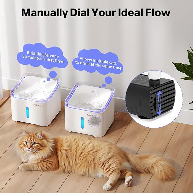 furrybaby Cat Water Fountain Quiet,67oz/2.0L Water Fountains for Cats Indoor with LED Light and Water Level Window,Small Pet Water Dispenser - Pure White ﻿