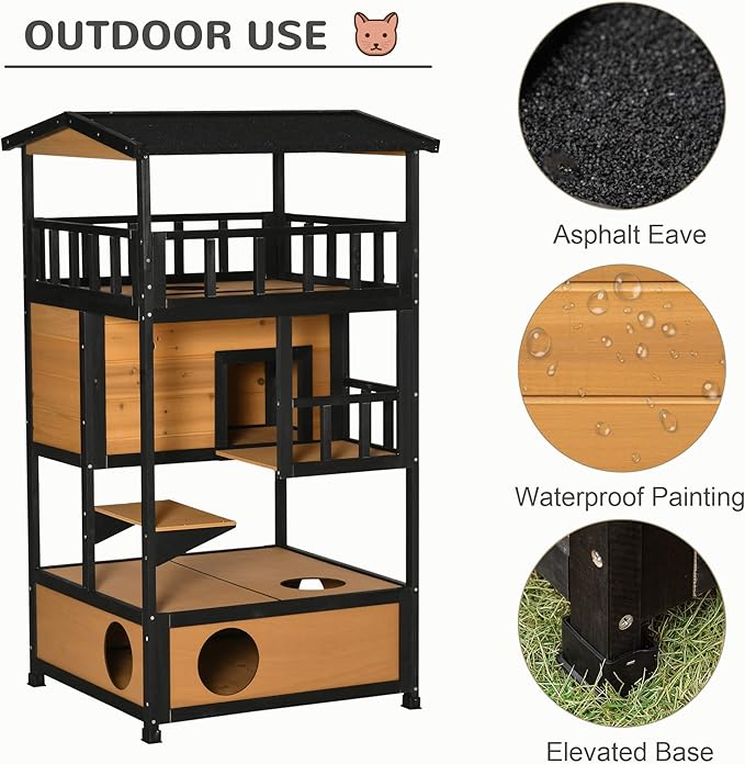 PawHut Wooden Outdoor Cat House, Feral Cat Shelter Kitten Condo with Asphalt Roof, Escape Doors, Condo, Jumping Platform, Yellow