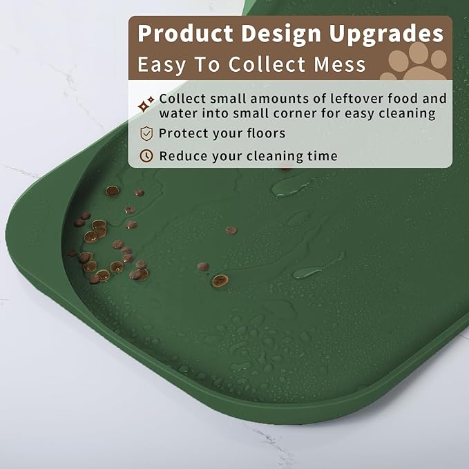 Silicone Pet Feeding Mat with Raised Edge & Residue Collection Pocket for Food and Water, Dog Bowl Mats, Cat Bowls Placemat with High Lip for Floor Waterproof, 19 x 12 x 0.7 Dark Olive