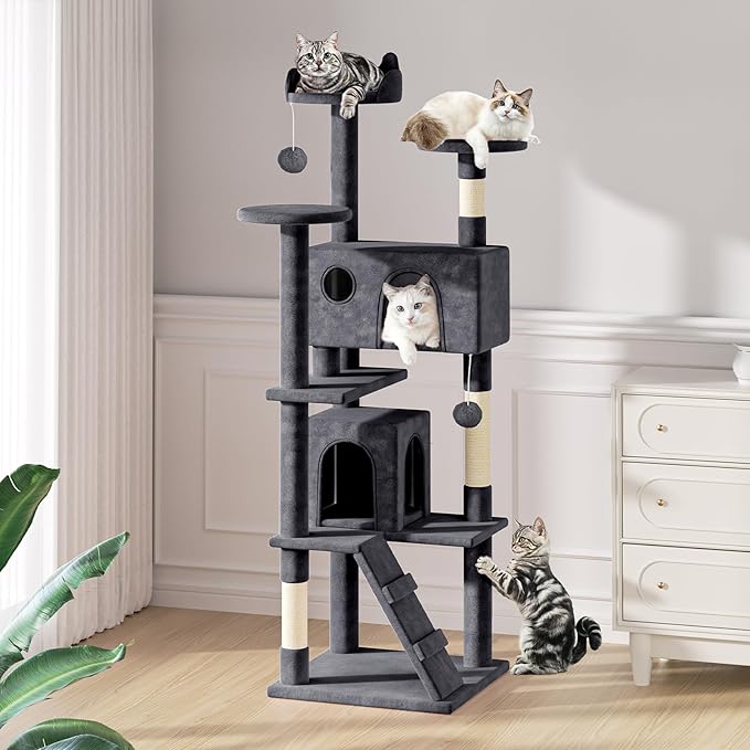 MoNiBloom Cat Tree, 77 Inch Cat Tree Tower with 2 Condo, Tall Cat Tower with Scratching Post, Cat Climbing Tower, Cat Tree for Indoor Cats, Smoky Grey