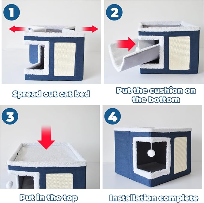 Cat Bed for Indoor Cats Cube House,Large Covered Cat Beds Cave & Furniture with Fluffy Ball and Scratch Pad Foldable Hideaway Nest & Condo with Washable Mat for Kitten Kitty Small Pet(Navy Blue)