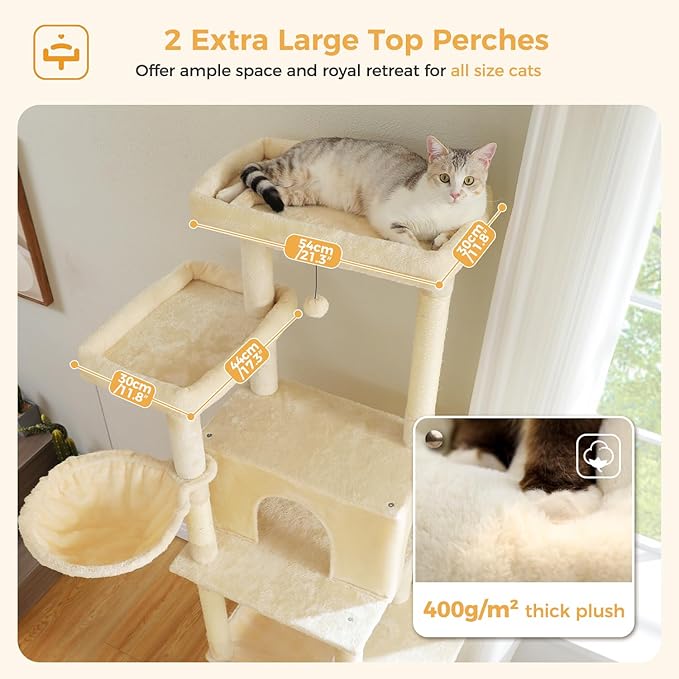 PAWZ Road Large Cat Tree, 73 Inches Tall Cat Tower with 1 Large Padded Perch,2 Spacious Hammocks,8 Long Scratching Posts, XL Plush Cat Condo for Indoor Adult Cats,Beige