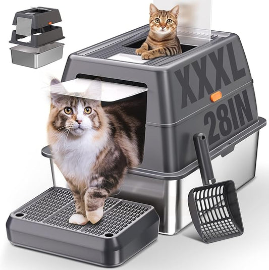 XXXL Stainless Steel Litter Box with Lid, Extra Large 28" Lx20 Dx18.1 H Litter Box for Big Cats, Enclosed Jumbo Metal Litter Boxes with Removable Cover & Footboard, Anti-Leakage,Odorless