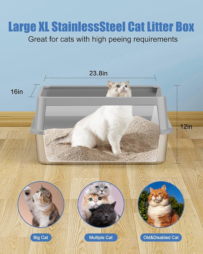 2PACK Stainless Steel Litter Box, Metal Litter Boxs with Lid High Sides, XL Extra Large Litter Box for Big Cats, Never Absorbs Odors, Leak-Proof, Stain-Free, Rust-Free, Easy to Clean, Scoop Included