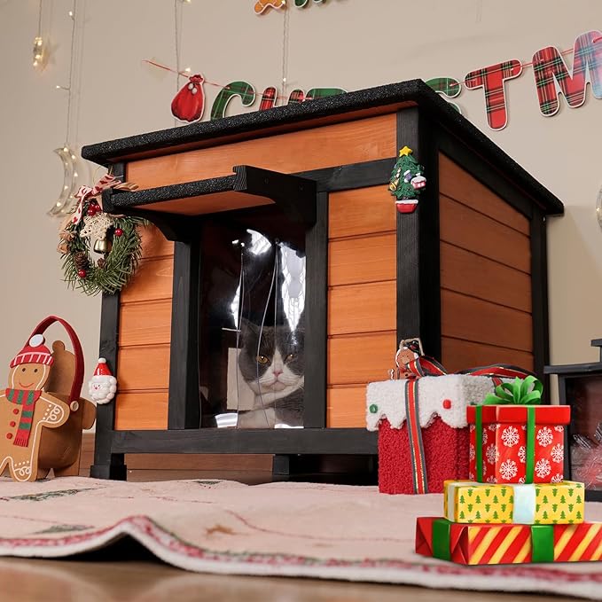 Outdoor Cat House for Insulated Feral Cat Shelter Weatherproof Outside Cat Enclosure for Winter, Outdoor Indoor Use with Openable Waterproof Roof Brown