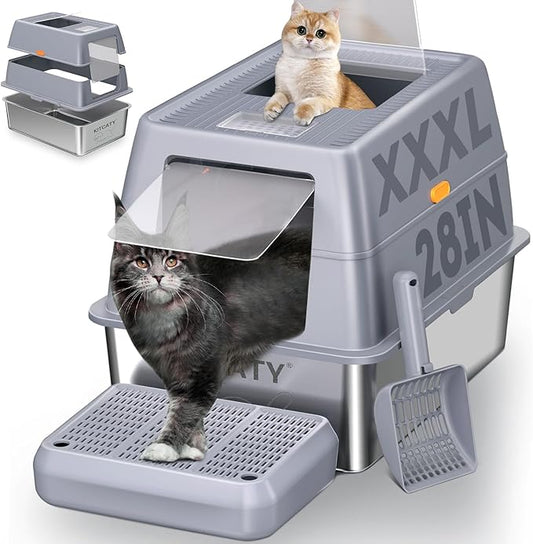 XXXL Stainless Steel Litter Box with Lid，Extra Large 28"L*20"W*18.1"H Metal Cat Litter Boxs,Jumbo Enclosed Removable Litter Box High Sides For Big Cats,with Cat Litter Scoop, Leak-Proof, Easy to Clean