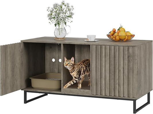 Cat Litter Box Enclosure for 2 Cats, 47.6’’ Litter Box Furniture Hidden with Scratch Pad, Double Room Large Cat Cabinet, Indoor Pet House TV Stand Side Table,Washroom,Grey