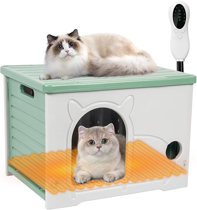 Heated Cat House, Cat Shelter Indoor, Weatherproof Waterproof Plastic Stackable Cat House for Winter with Heating Mat(Green
