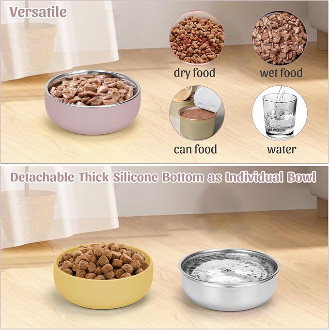 Kitten Food Bowls 2 Pack, Stainless Steel Cat Food and Water Bowl Set with Anti-Slip Silicone Bottom, 5 '' Wide Thick & Heavy Duty Metal Pet Bowls for Indoor Cats