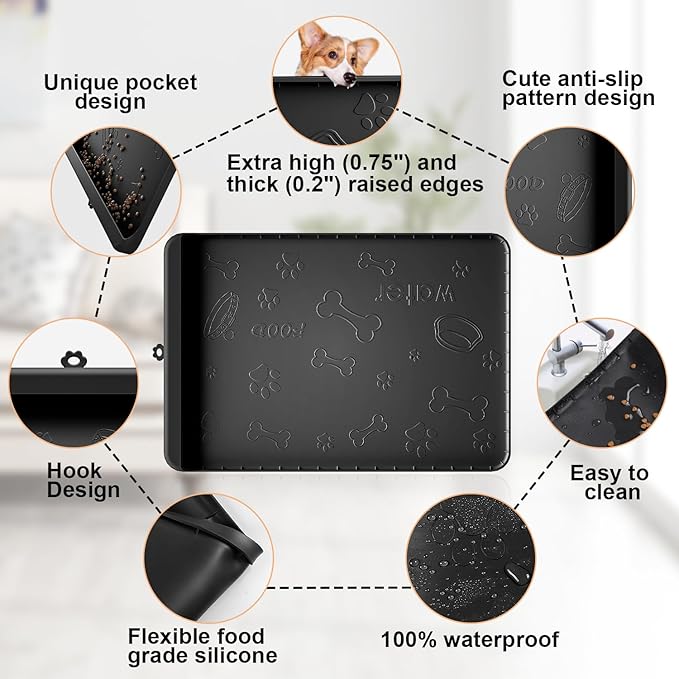 Dog Food Mat - Silicone Dog Mat for Food and Water - 28" x 20" Pet Feeding Mats with Residue Collection Pocket - Waterproof Dog Cat Bowl Mat with High Edges to Prevent Water Food Spills (Black)