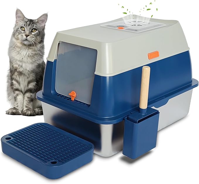 XL Stainless Steel Enclosed Litter Box with Covered for Indoor Cats, High Sides, Eliminates Odors, Easy Clean, Blue, FOXORU