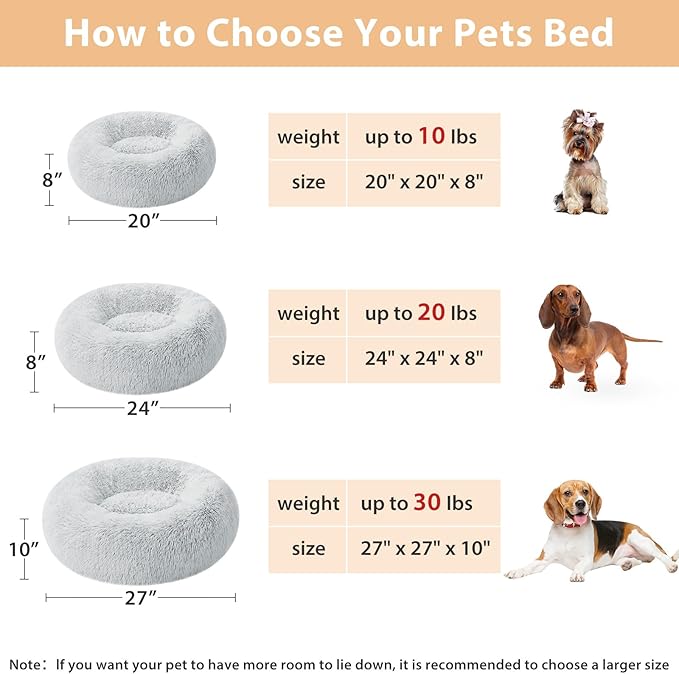 WNPETHOME Calming Dog Bed Cat Bed Donut, Faux Fur Pet Bed Self-Warming Donut Cuddler, Comfortable Round Plush Dog Beds (27 x 27 Inch, Light Grey)