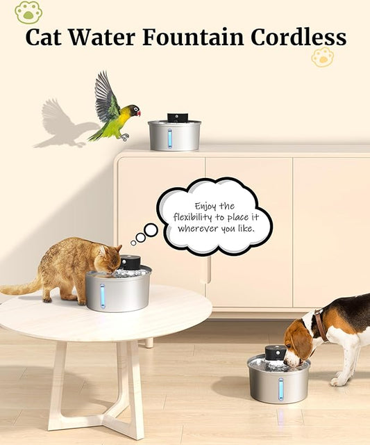 Wireless Cat Water Fountain Stainless Steel, 2025 Upgraded New Sensor - 3 Work Modes, 6000mAh Battery Operated Cat Water Fountain Cordless, Pet Water Dispenser for Cats Dogs Indoor - 108oz/3.2L