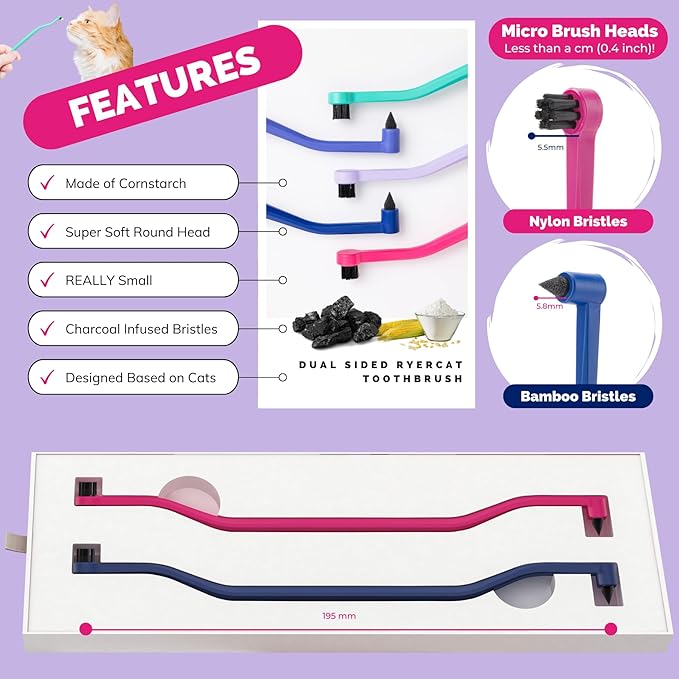 RYERCAT Set of Dual Sided Cat Toothbrushes - Kitten Toothbrush with Micro Head to fit into Kittens Mouth - Cat Dental Care Supplies Pet Toothbrush for Cats (Flamingo Pink and Space Blue)