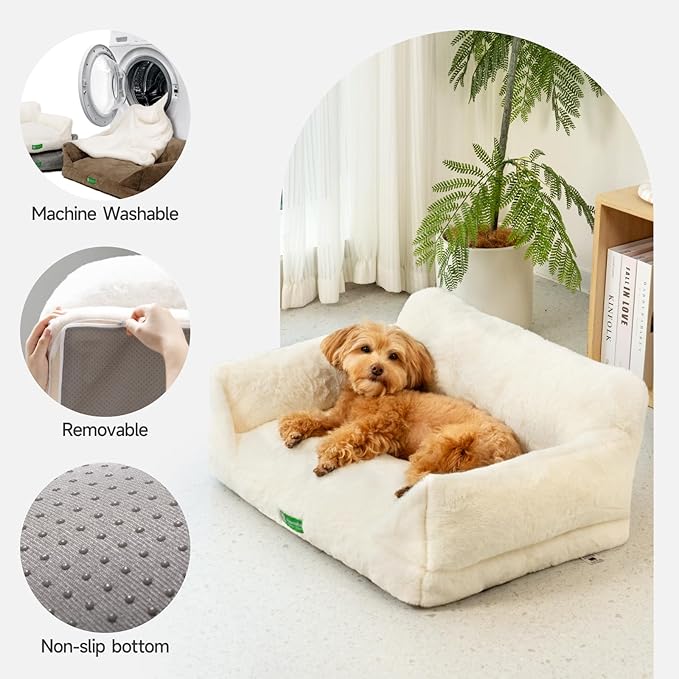 MEWOOFUN Cat Couch Beds for Indoor Cats and Small Dogs, Dog Couch Bed with Non-Slip Bottom & Washable Cover, Fluffy Cat Sofa for Cats and Small Pets (White,26x18x11.5)