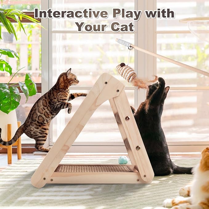 Sisal Cat Scratcher Board,Triangular Cat Scratch Ramp with Climbing Ladder,Wooden Scratching Board with 2 pcs Sisal Pad for Kittens and Small Animals Indoor Use