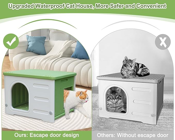 Plastic Cat House for Outdoor Indoor, Waterproof Outdoor Cat House with Escape Door for Feral Cats Outside Cat Shelter for Small Pet, Spacious, Assemble Easily -Green